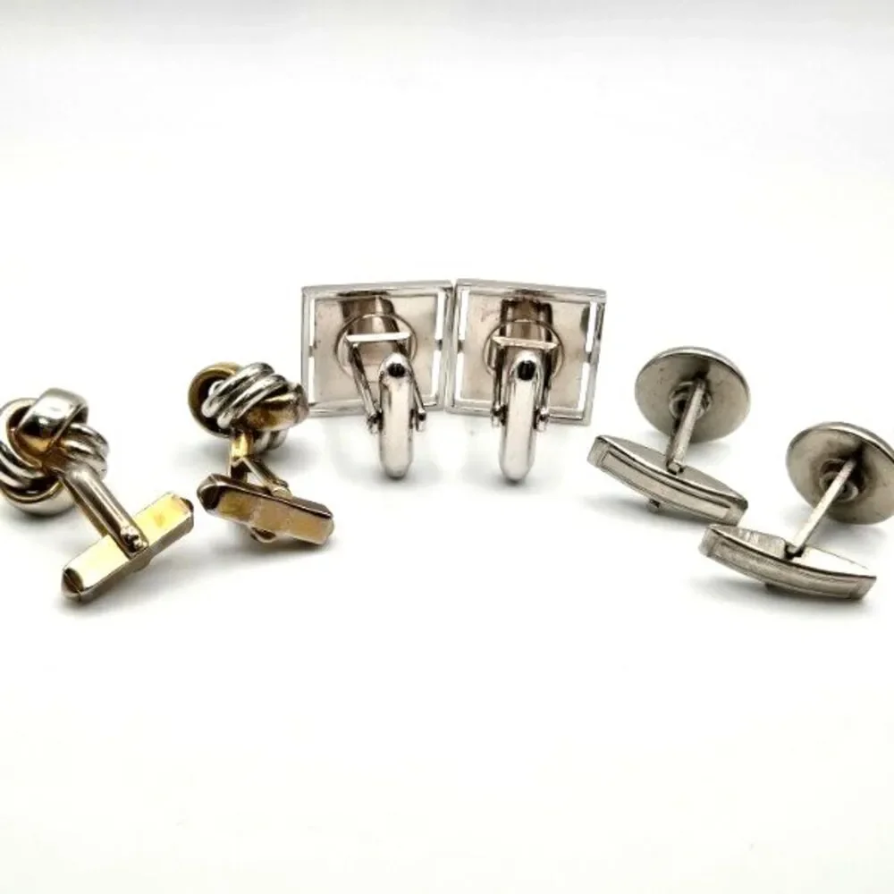 Lot of 3 Pair of Vintage Men's Cuff Links Silvertone Knot Brushed Geometric Onyx